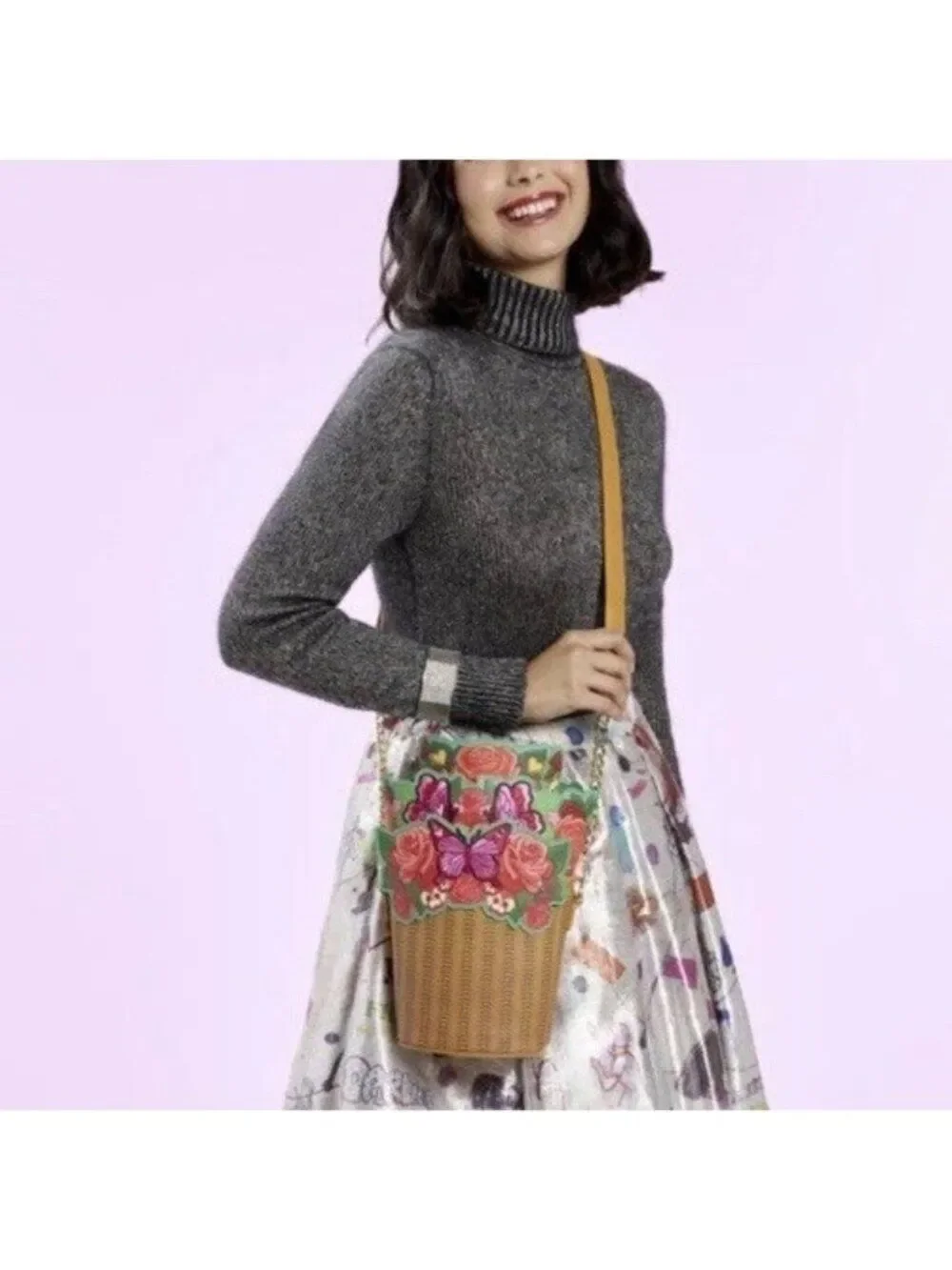 Loungefly Floral Butterfly Woven Straw Crossbody Bag, Zip, Detachable Strap